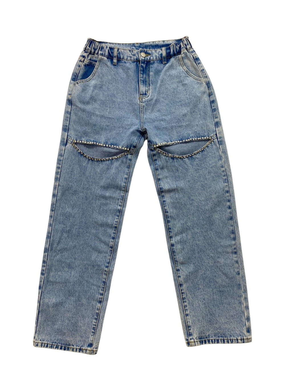NWT Pearl Rhinestone Cutout Slit Jeans Women’s M High Rise Light Wash Denim
